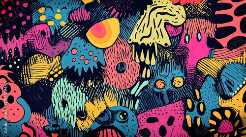 A colorful and abstract painting of various creatures and objects