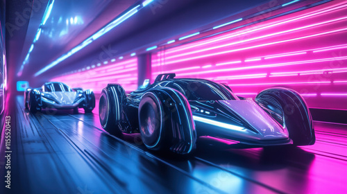 Futuristic race cars speeding through neon lit tunnel, showcasing sleek aerodynamic designs and glowing accents in high tech, vibrant environment