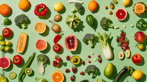 A flat lay of colorful fruits and vegetables on a green background.
