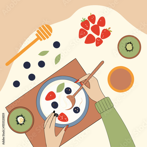 Top view of crop woman hands preparing breakfast with bowl with natural yogurt near bowls with honey and different fresh fruits placed on table