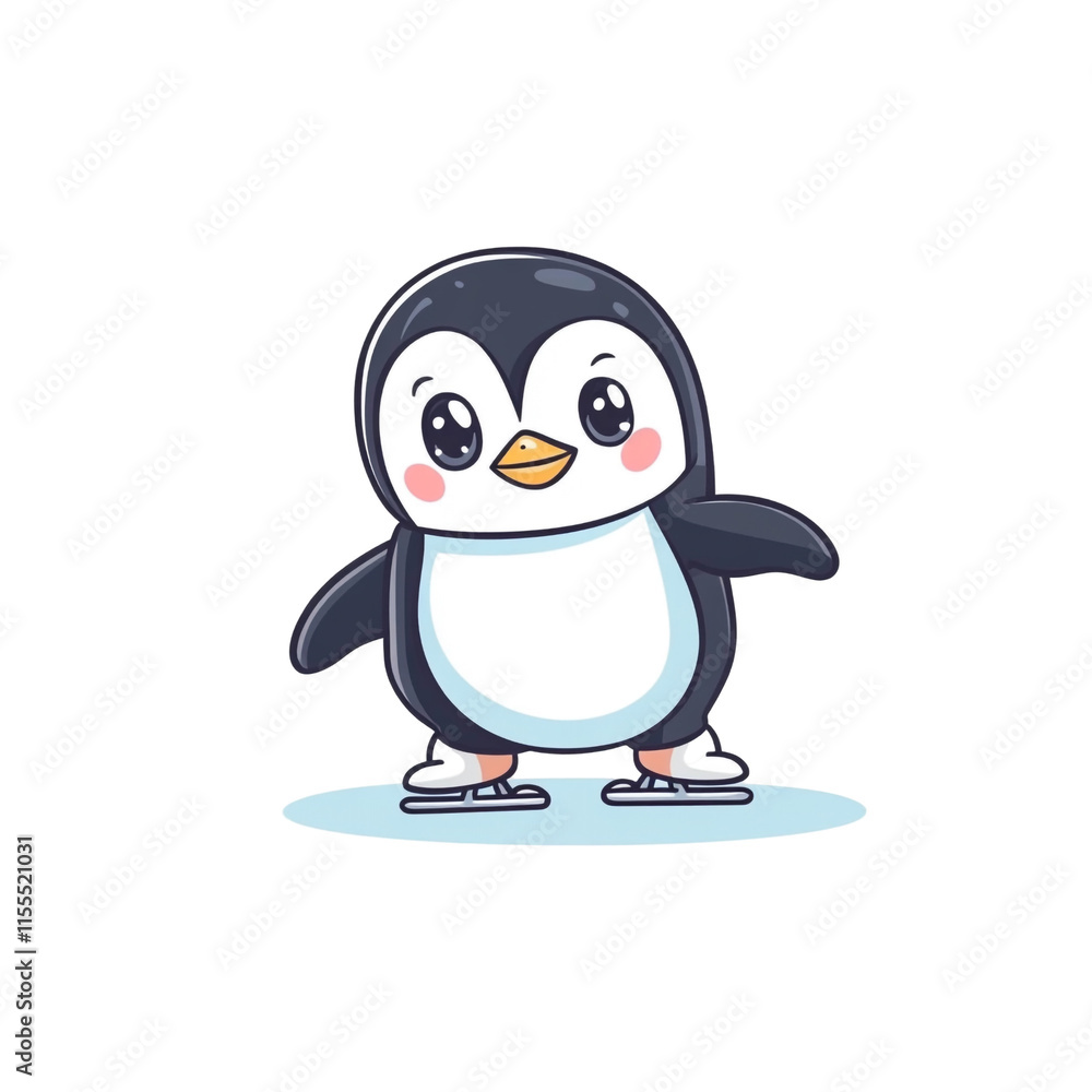 Fototapeta premium Adorable Penguin Ice Skating Cartoon Illustration