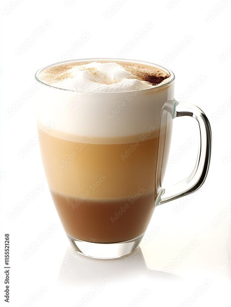 Elegant Layered Coffee Beverage in Clear Glass Mug with Frothy Top and Crisp Background : Generative AI