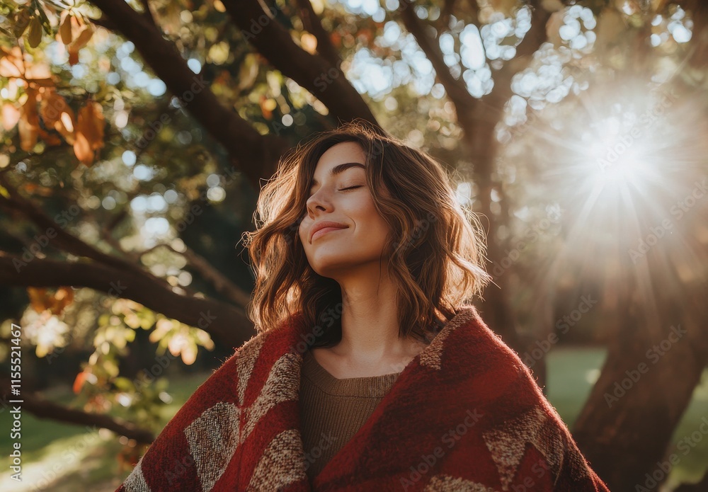 Serene Woman Relaxing in Nature Wrapped in a Cozy Blanket Embracing the Golden Light of a Sunlit Afternoon Surrounded by Trees and Warm Autumn Colors Serene Woman Relaxing in Nature Wrapped in a Cozy Blanket Embracing the Golden Light of a Sunlit Afternoon Surrounded by Trees and Warm Autumn Colors