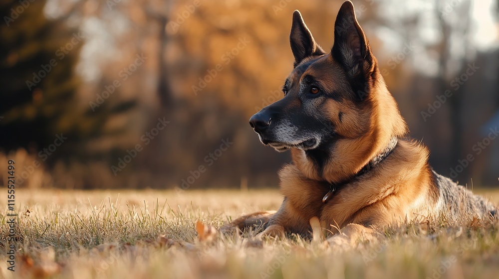 Majestic German Shepherd Resting in a Sunlit Autumn Afternoon Park Landscape : Generative AI Majestic German Shepherd Resting in a Sunlit Autumn Afternoon Park Landscape : Generative AI
