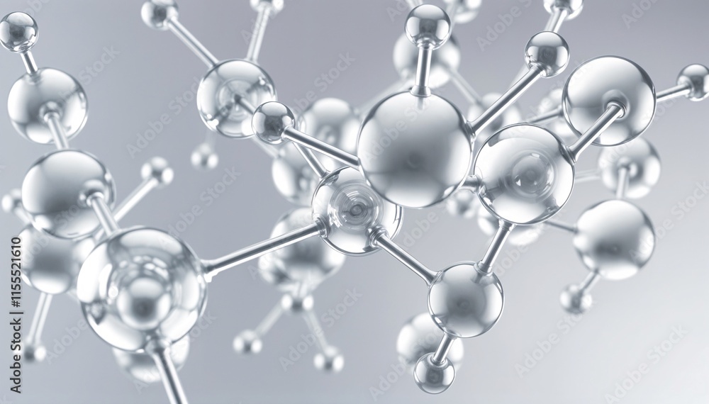 Molecular structure representation with silver metallic spheres and connecting rods on a light background Molecular structure representation with silver metallic spheres and connecting rods on a light background