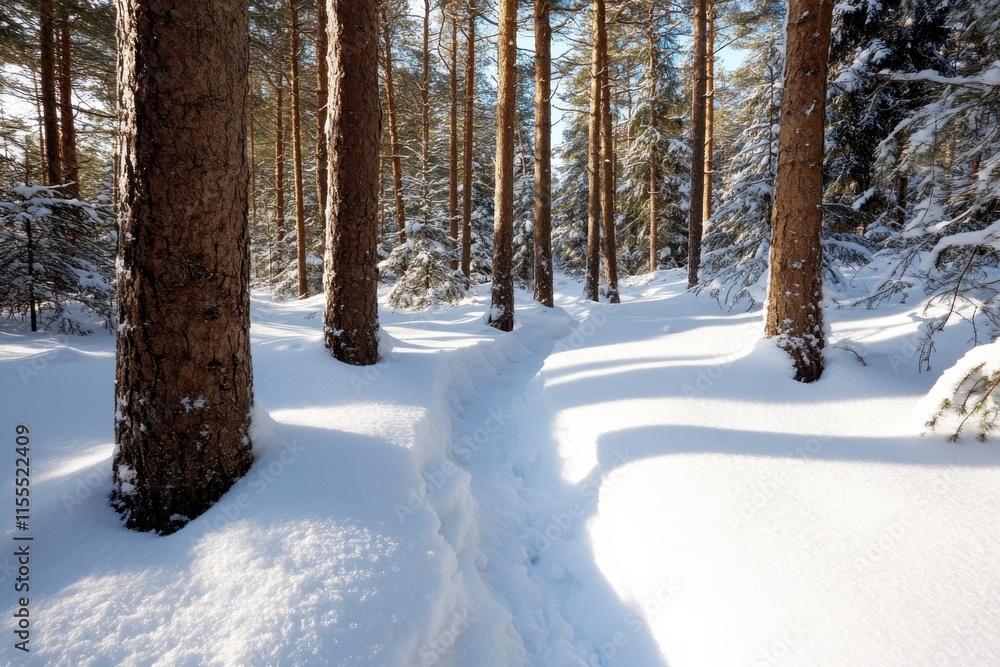 Fototapeta premium A captivating narrow path winding through a snowy pine forest, inviting exploration and offering a glimpse into a peaceful winter landscape filled with serenity.