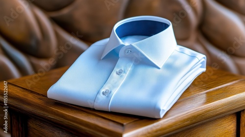 Neatly Folded Light Blue Dress Shirt on Wooden Nightstand