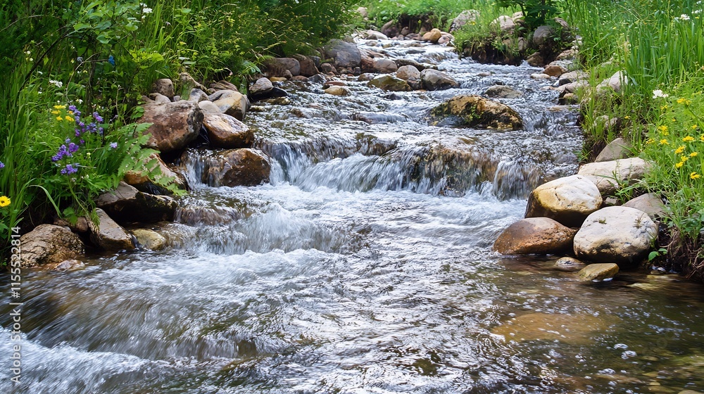 Fototapeta premium Lively Mountain Stream Flowing Over Rocks Amidst Wildflowers and Green Foliage : Generative AI