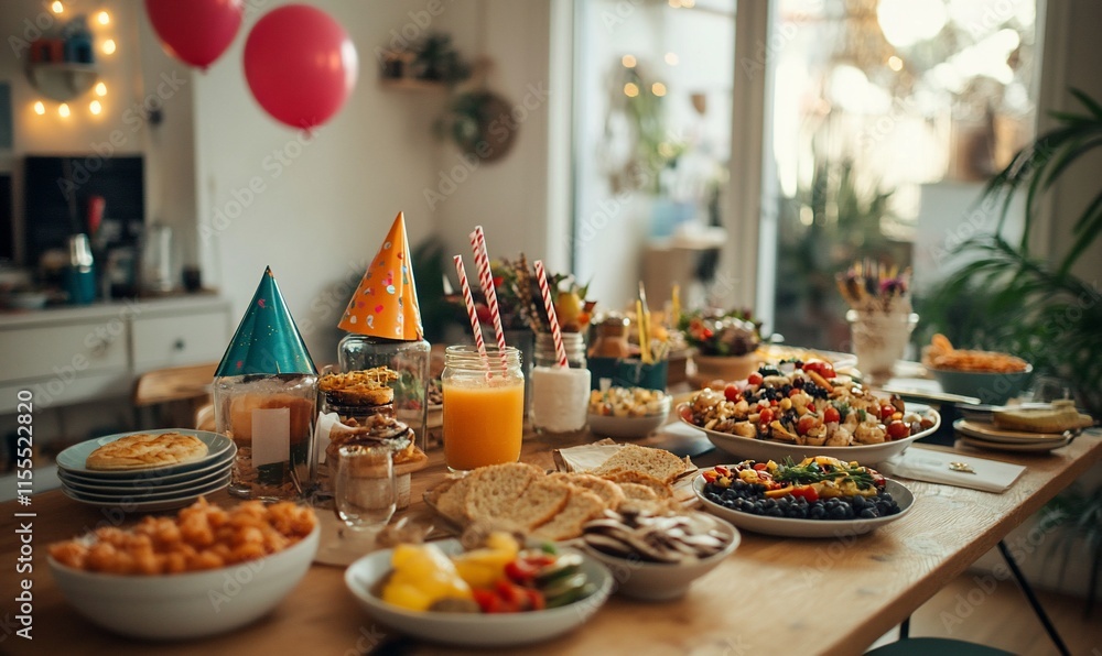 A festive table filled with various foods and drinks for a celebration. A festive table filled with various foods and drinks for a celebration.