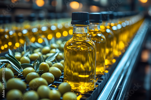 The traditional process of olive oil production, highlighting the harvesting of olives, pressing for oil extraction, and bottling stages, capturing the essence of Mediterranean agriculture and craftsm photo