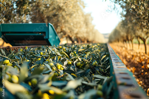 The traditional process of olive oil production, highlighting the harvesting of olives, pressing for oil extraction, and bottling stages, capturing the essence of Mediterranean agriculture and craftsm photo