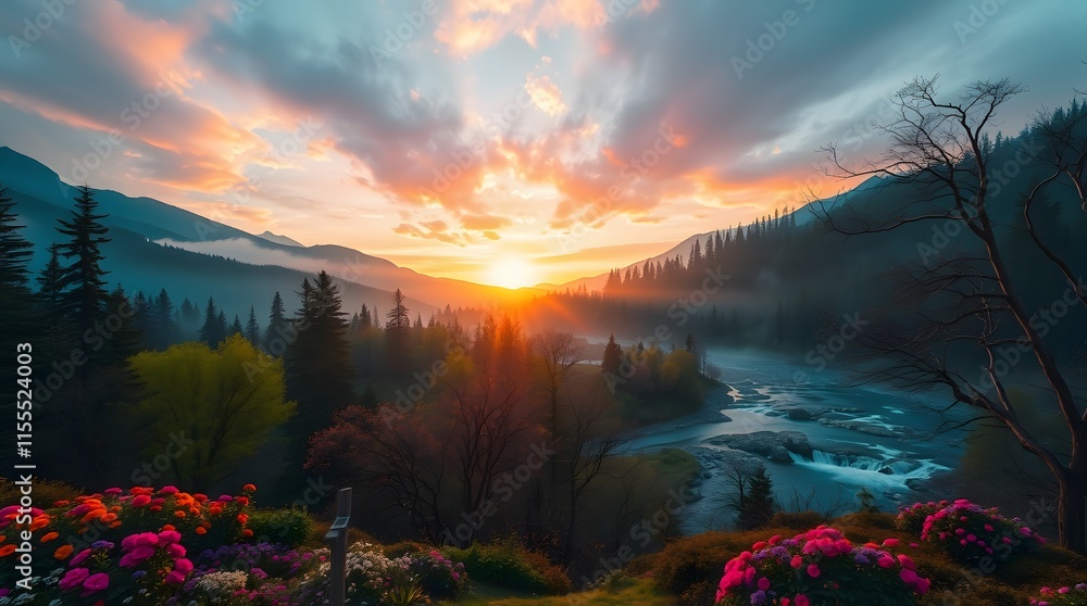 Spring Forest Mountain River in Sunrise Spring Forest Mountain River in Sunrise