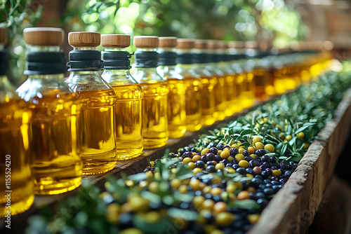 Traditional process of olive oil production, showcasing harvesting, pressing, and bottling stages, Mediterranean agriculture


 photo