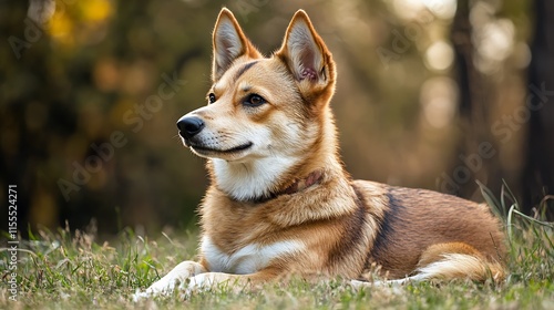 Adorable Mixed Breed Dog Relaxing on Grass in Sunlit Forest Setting : Generative AI photo