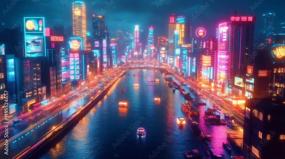 Neon-lit cityscape at night, river scene. Neon-lit cityscape at night, river scene.