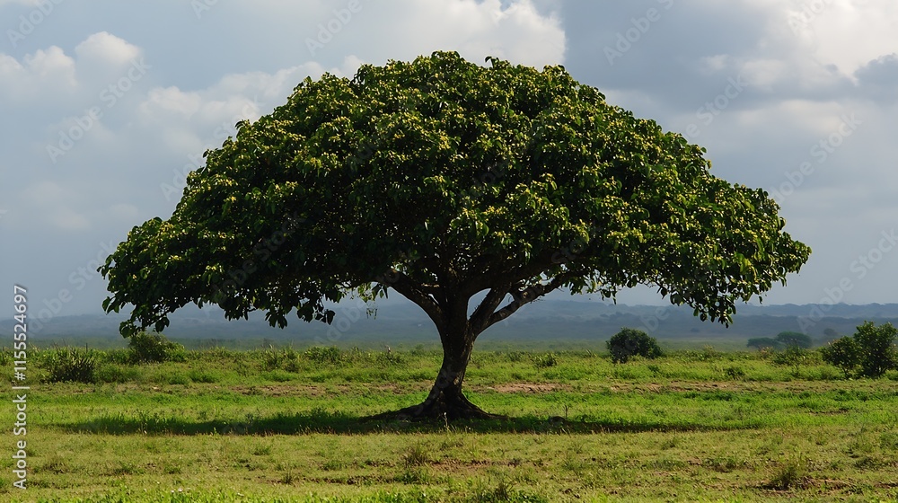 Majestic sprawling tree with dense green canopy on rural open field under dramatic sky : Generative AI Majestic sprawling tree with dense green canopy on rural open field under dramatic sky : Generative AI