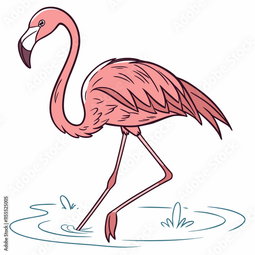 Vibrant American flamingo gracefully walking in shallow water, showcasing elegance and beauty.