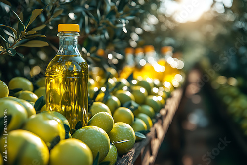 Traditional process of olive oil production, showcasing harvesting, pressing, and bottling stages, Mediterranean agriculture


 photo