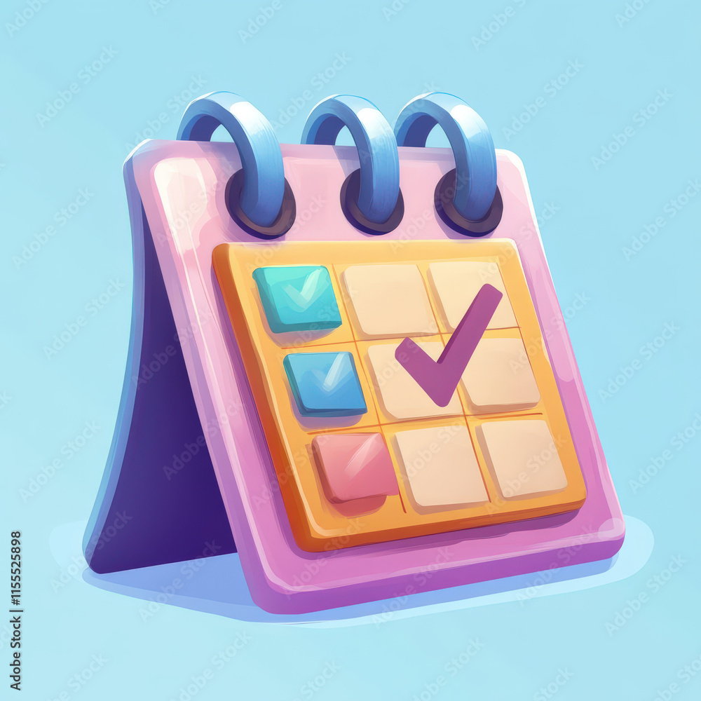 Colorful calendar icon with checkmark on blue background representing organization and scheduling in a modern digital style Colorful calendar icon with checkmark on blue background representing organization and scheduling in a modern digital style