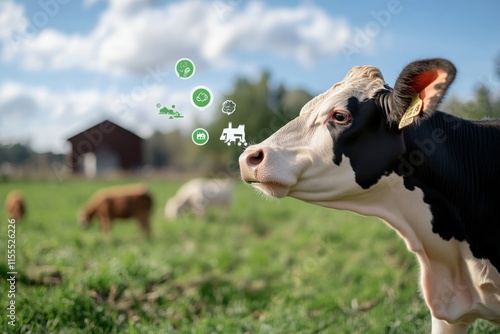 This picturesque image features a cow calmly standing in a field, with green symbols illustrating the importance of environmental responsibility and conscious farming. photo