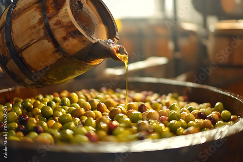 Traditional process of olive oil production, showcasing harvesting, pressing, and bottling stages, Mediterranean agriculture


 photo