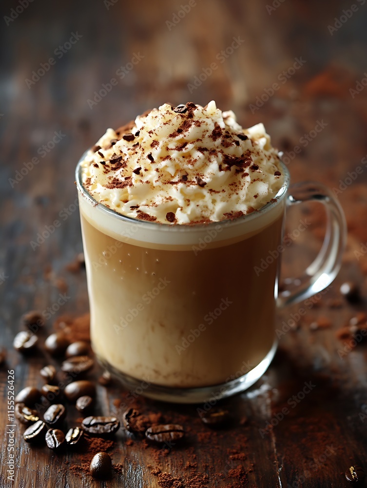 Rich and Creamy Cappuccino with Whipped Cream and Coffee Beans on Rustic Wooden Table : Generative AI Rich and Creamy Cappuccino with Whipped Cream and Coffee Beans on Rustic Wooden Table : Generative AI