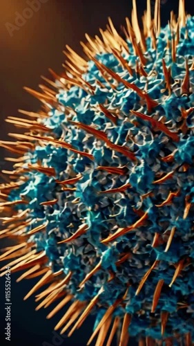 Close-up of a 3D virus capsid, showcasing its symmetrical surface structure with spikes and glycoproteins, 4k High-Quality Wallpaper Background Animation Video photo