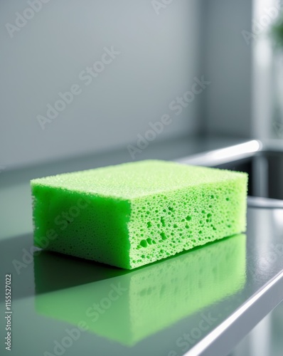 close up of a bright green sponge on a shiny kitchen surface for effective house cleaning concept photo