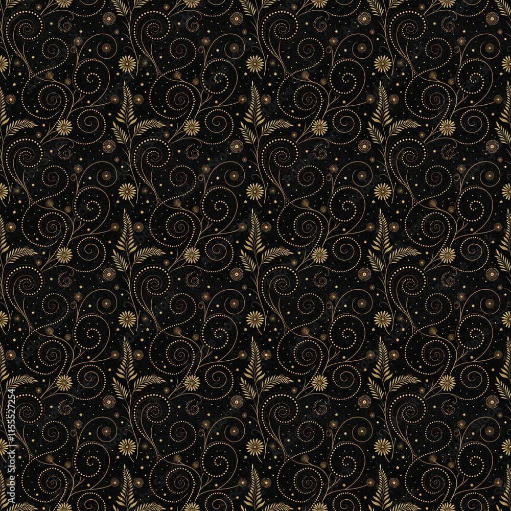 Seamless pattern with elegant gold swirls and floral elements on a black background for luxurious design
