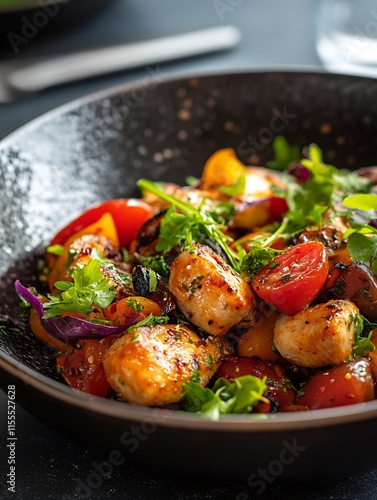 PanSeared Chicken with Cherry Tomatoes and Fresh Herbs in a Rustic Bowl Lifesytle Food Image : Generative AI photo