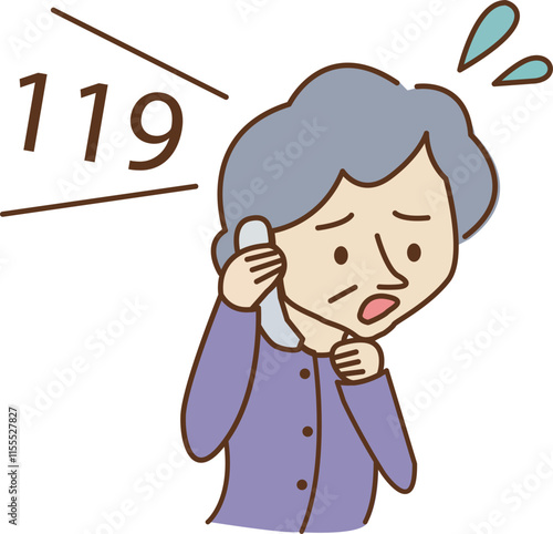 119番通報する高齢女性のイラスト