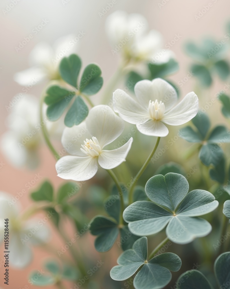 Fototapeta premium Closeup of Delicate White Flowers and Lush Green Clover