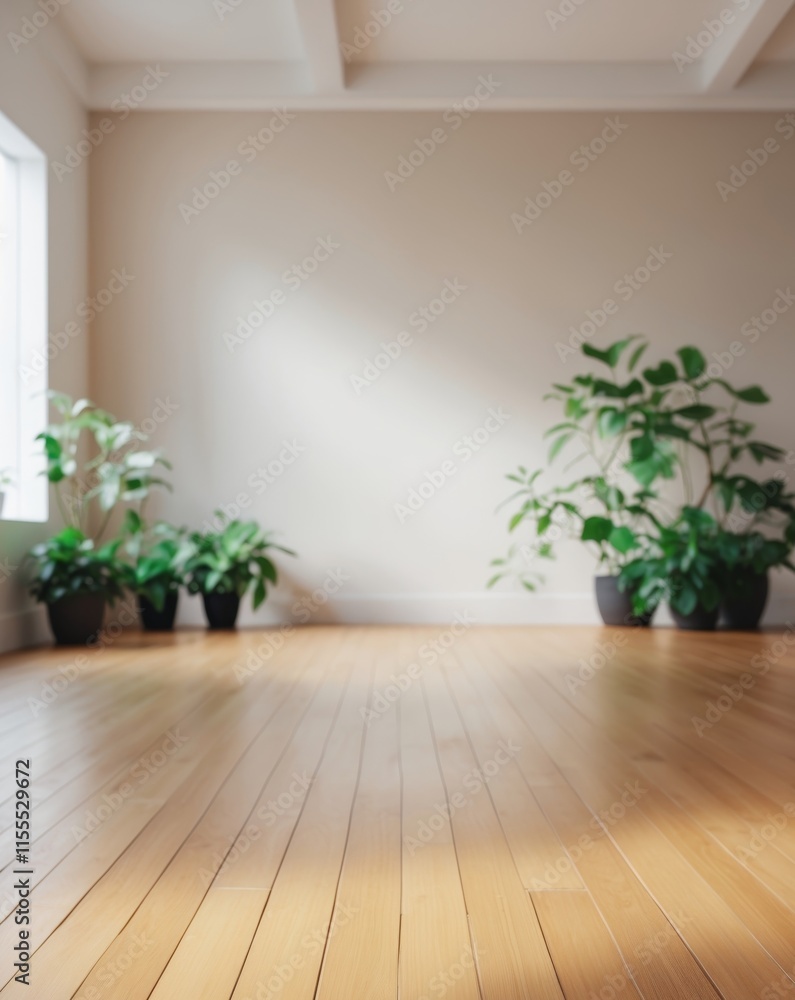Large room with a wooden floor and a few potted plants Large room with a wooden floor and a few potted plants
