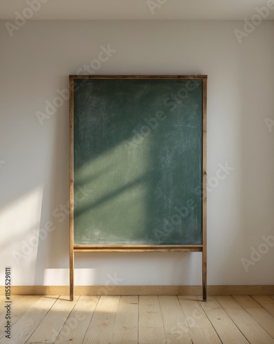 a picture of a green chalkboard in a room with a wooden floor photo