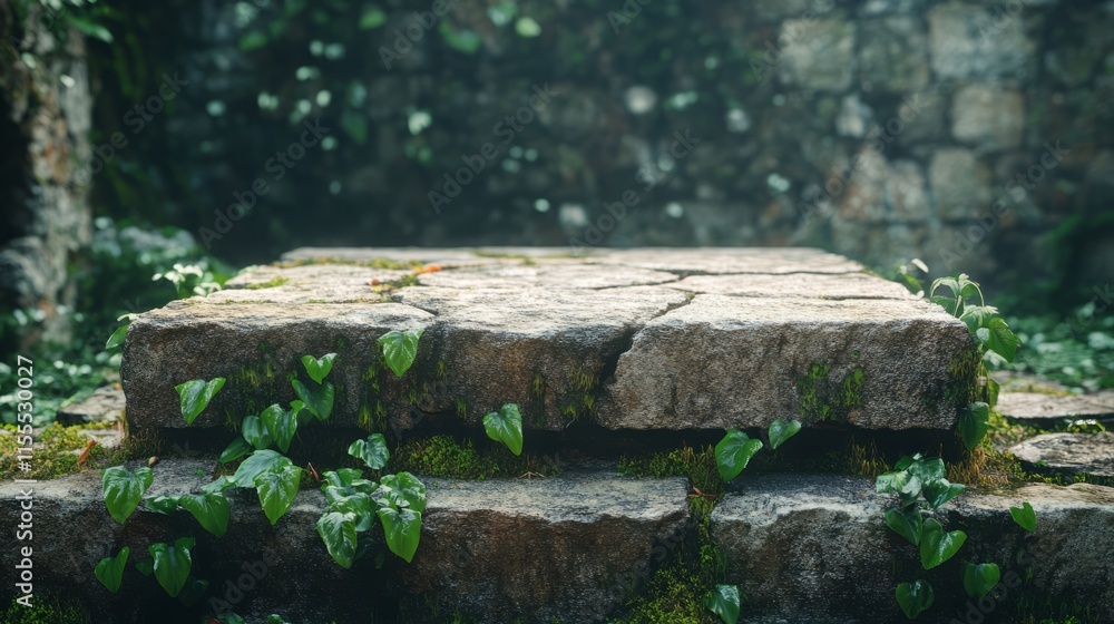 Rustic stone podium on an ancient ruin with moss and vines Rustic stone podium on an ancient ruin with moss and vines