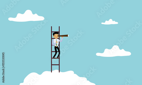 Success ladder for business opportunity looking for new job or career path, leadership discovery or searching for success concept, smart businessman climb up ladder look through telescope illustration