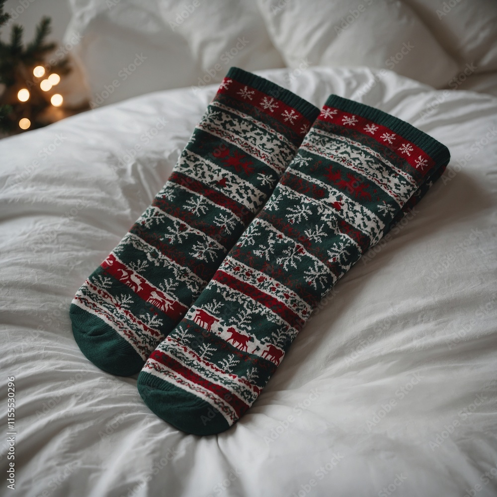 Christmas-themed socks with reindeer patterns, lying on a simple white bedspread. Christmas-themed socks with reindeer patterns, lying on a simple white bedspread.