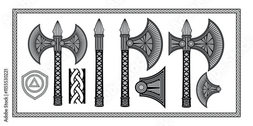 Viking Axe Set with Intricate Knot Patterns and Borders - Vector Illustration