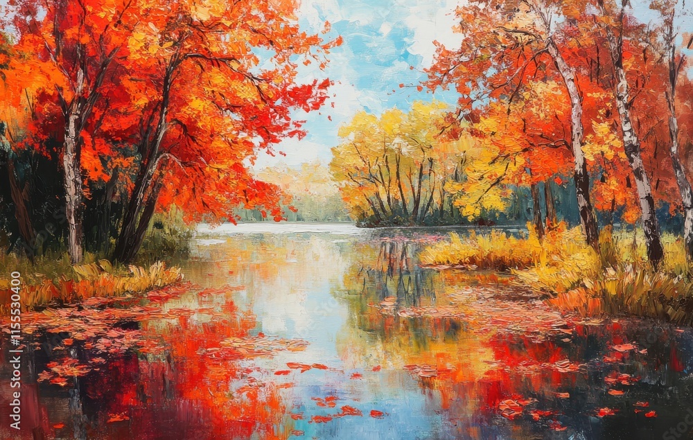 Vibrant Autumn Landscape with Reflections in a Serene Lake Surrounded by Colorful Trees in Shades of Orange, Yellow, and Red Under a Clear Sky Vibrant Autumn Landscape with Reflections in a Serene Lake Surrounded by Colorful Trees in Shades of Orange, Yellow, and Red Under a Clear Sky