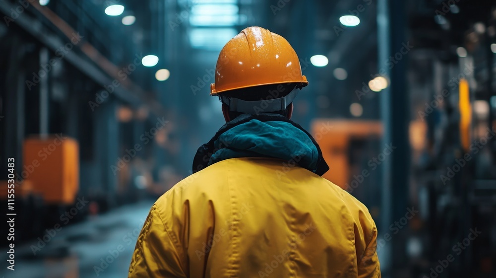Worker in Safety Gear Observing Industrial Environment with Yellow Hard Hat in Modern Facility, Focus on Occupational Safety and Industrial Operations Worker in Safety Gear Observing Industrial Environment with Yellow Hard Hat in Modern Facility, Focus on Occupational Safety and Industrial Operations