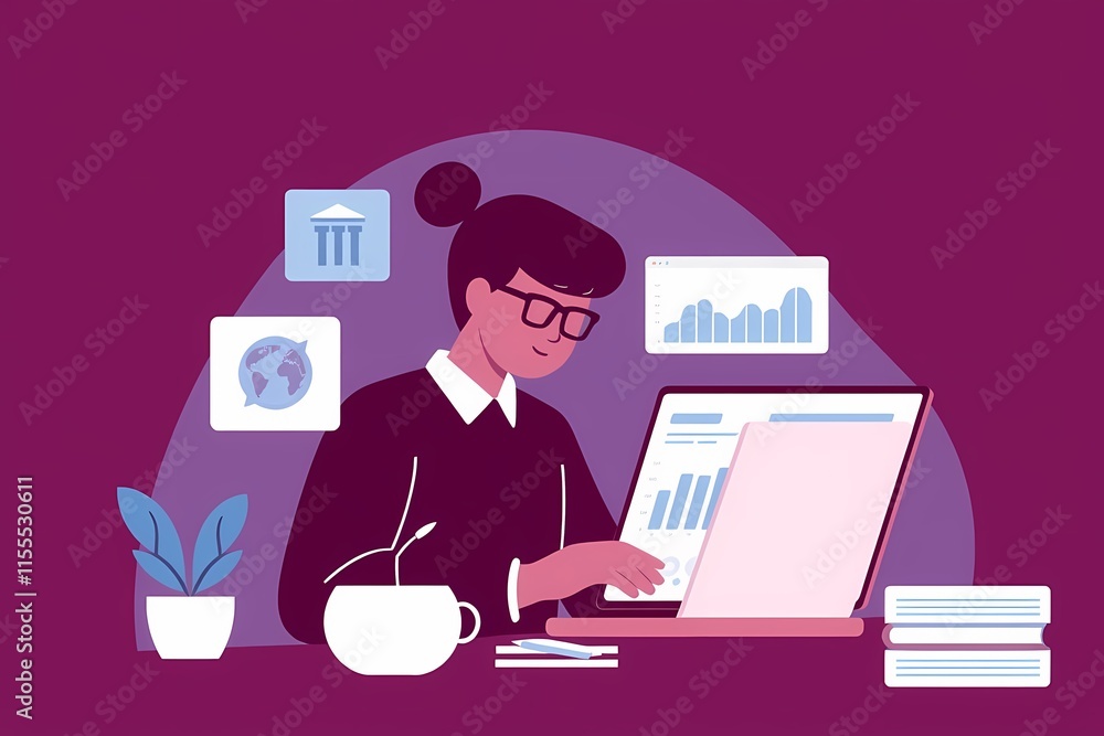 Focused Analyst at Work: A stylized illustration of a female financial analyst meticulously reviewing data on her laptop, surrounded by relevant financial graphics and a calm workspace. Focused Analyst at Work: A stylized illustration of a female financial analyst meticulously reviewing data on her laptop, surrounded by relevant financial graphics and a calm workspace.