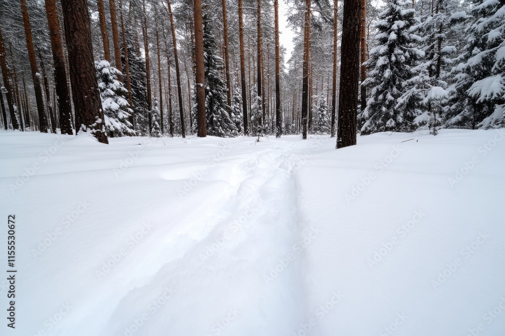 A winding pathway cuts through a snowy forest, inviting exploration and symbolizing adventure amidst the serene beauty of nature in winter's embrace. A winding pathway cuts through a snowy forest, inviting exploration and symbolizing adventure amidst the serene beauty of nature in winter's embrace.