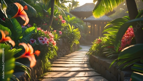 A tropical resort pathway surrounded by lush greenery and flowers photo