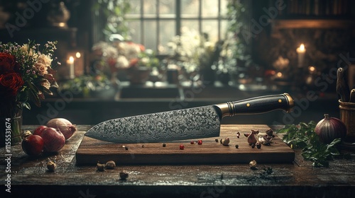 Chef's knife on wooden cutting board in rustic kitchen. photo