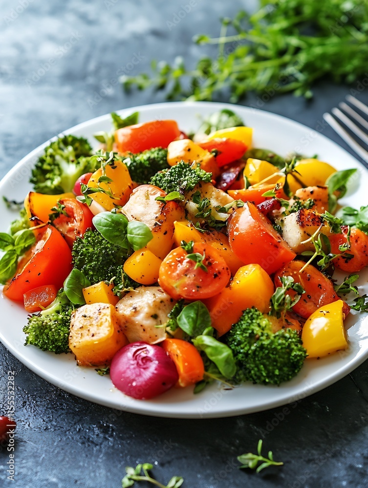 Colorful Roasted Vegetable Salad with Broccoli Peppers and Fresh Herbs on a White Plate : Generative AI Colorful Roasted Vegetable Salad with Broccoli Peppers and Fresh Herbs on a White Plate : Generative AI