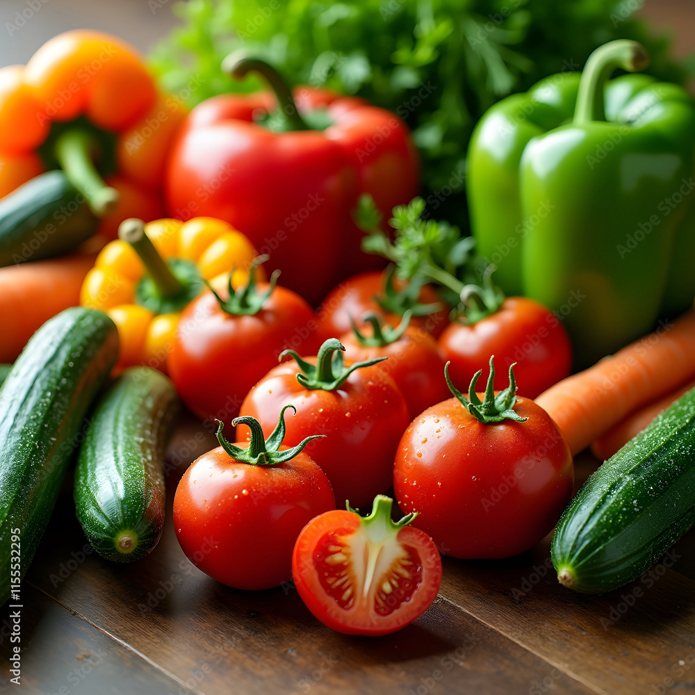 A vibrant assortment of fresh vegetables on a wooden table, featuring tomatoes, cucumbers, carrots, bell peppers, and fresh leafy greens. Soft natural lighting highlights the colors and textures A vibrant assortment of fresh vegetables on a wooden table, featuring tomatoes, cucumbers, carrots, bell peppers, and fresh leafy greens. Soft natural lighting highlights the colors and textures