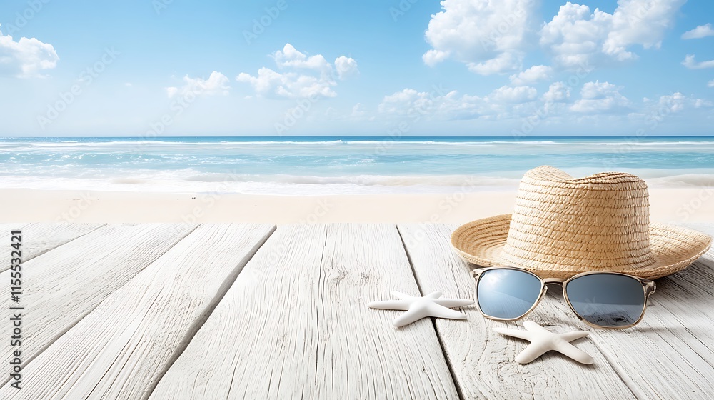 Summer Beach Vacation Sunglasses Hat Starfish on Wooden Deck Summer Beach Vacation Sunglasses Hat Starfish on Wooden Deck