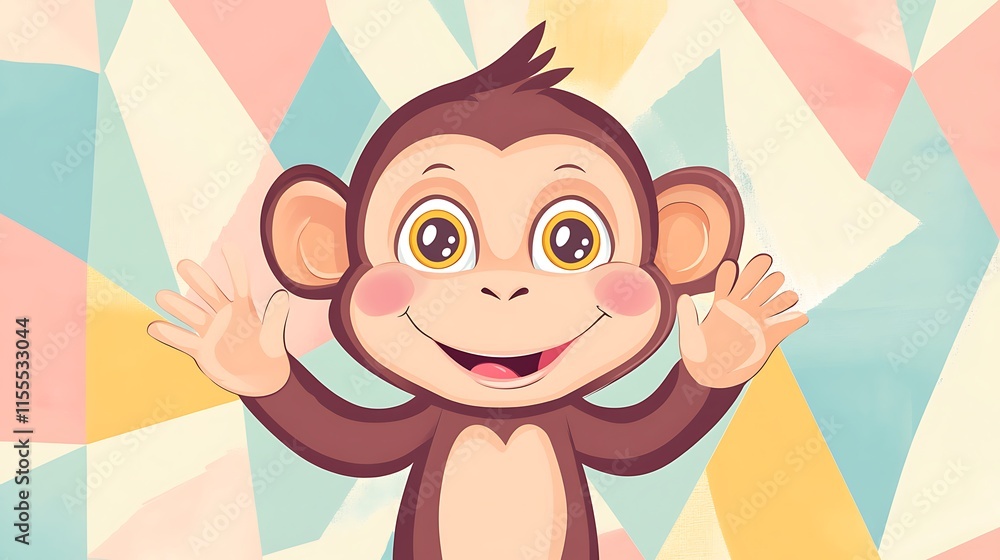 Happy monkey waving hello on geometric background. Happy monkey waving hello on geometric background.