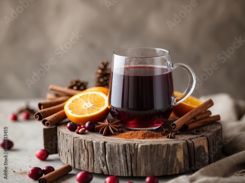 Mulled wine on a wooden stand with spices and fruits photo