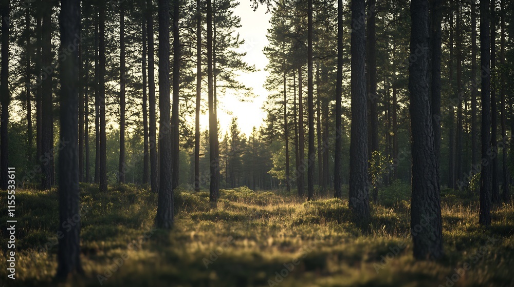 Sunset in Pine Forest Featuring Tall Trees and Lush Green Understory in Magical Light : Generative AI Sunset in Pine Forest Featuring Tall Trees and Lush Green Understory in Magical Light : Generative AI